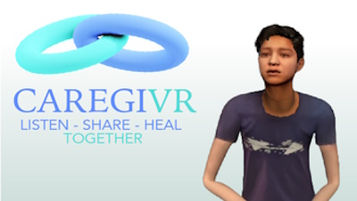 caregivr thumbnail image, digital double of Steven next to logo and text: listen share heal together